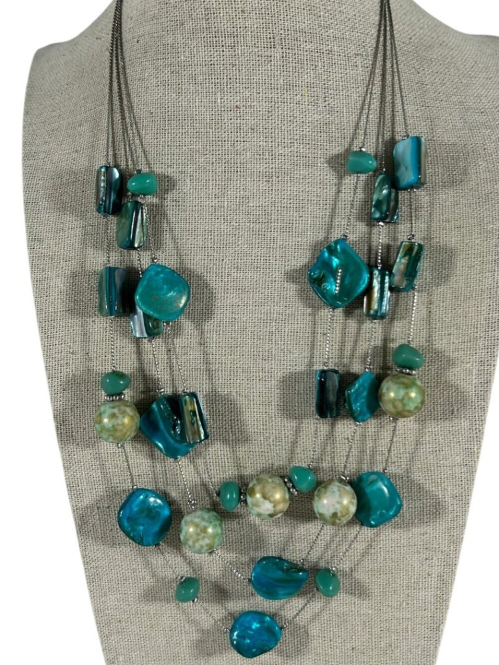New York & Co Teal Green Multi Strand Necklace Layered Beaded Statement Chunky